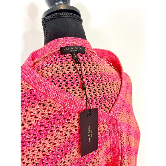 Rag & Bone Carson Cropped Crochet Cardigan Pink Multi Striped Large Button Front - Picture 8 of 8